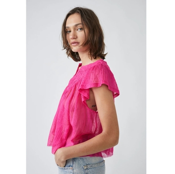 Free People One Padma Top Magentiful V Neck Flutter Sleeve Blouse Sz M NWT - Picture 1 of 10